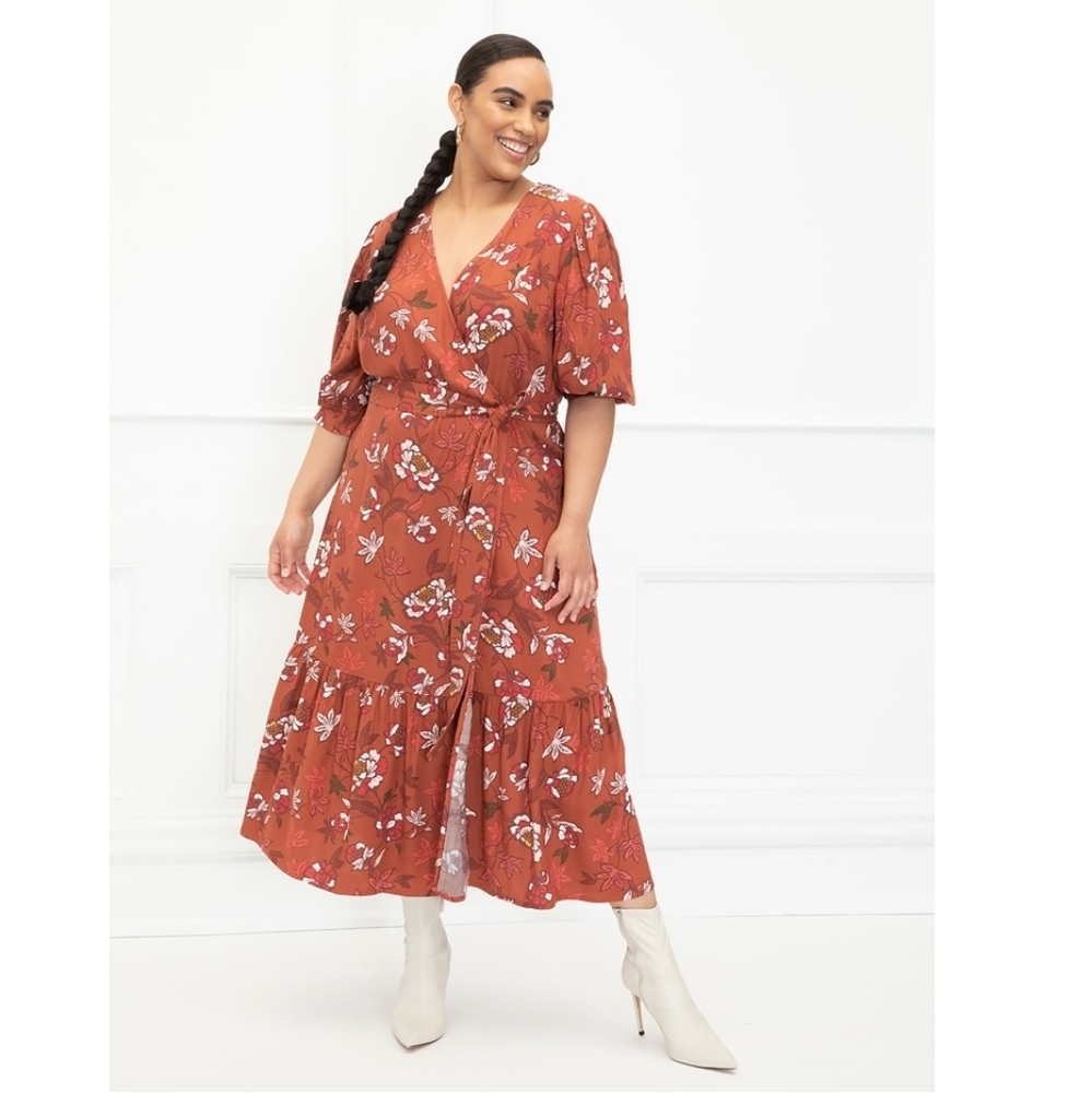 ELOQUII Elements Folk Print Midi Wrap Dress with Puff Sleeves Size 18